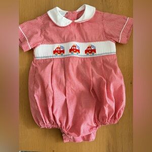 Red Gingham Baby Romper with Fire Truck Embroidery